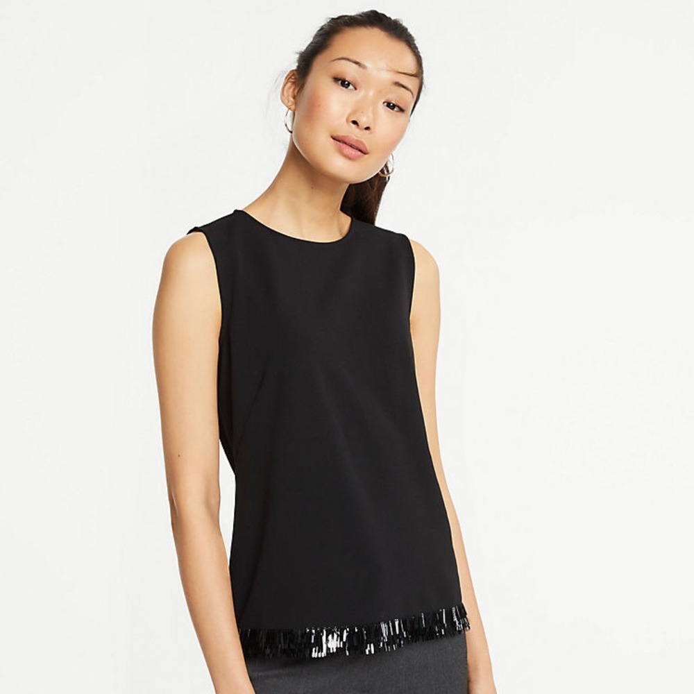 Ann Taylor Black Fringe Paillette Shell Size XS